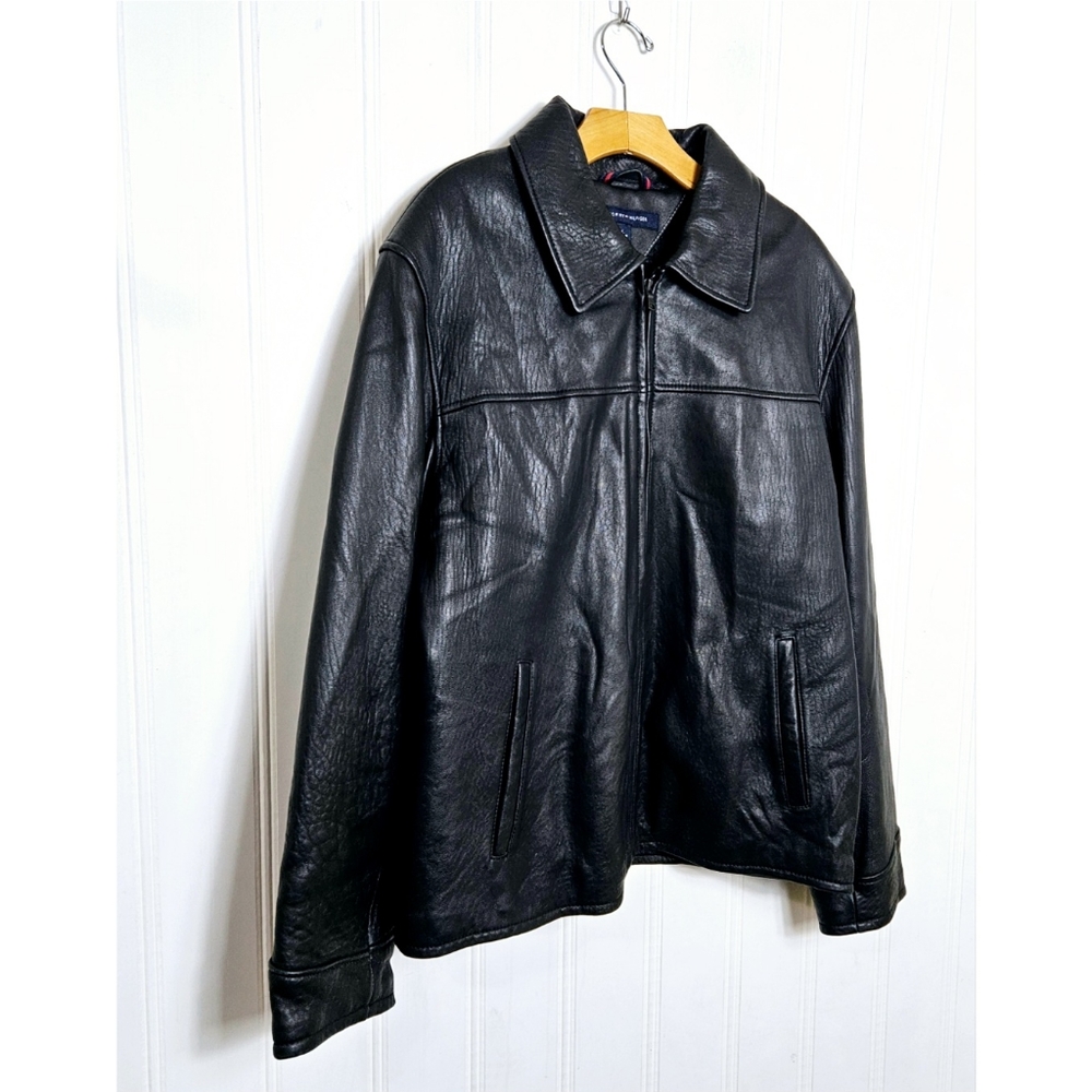 Tommy Hilfiger Black Genuine Leather Coat Jacket Mens Plaid Flannel Lined Size L